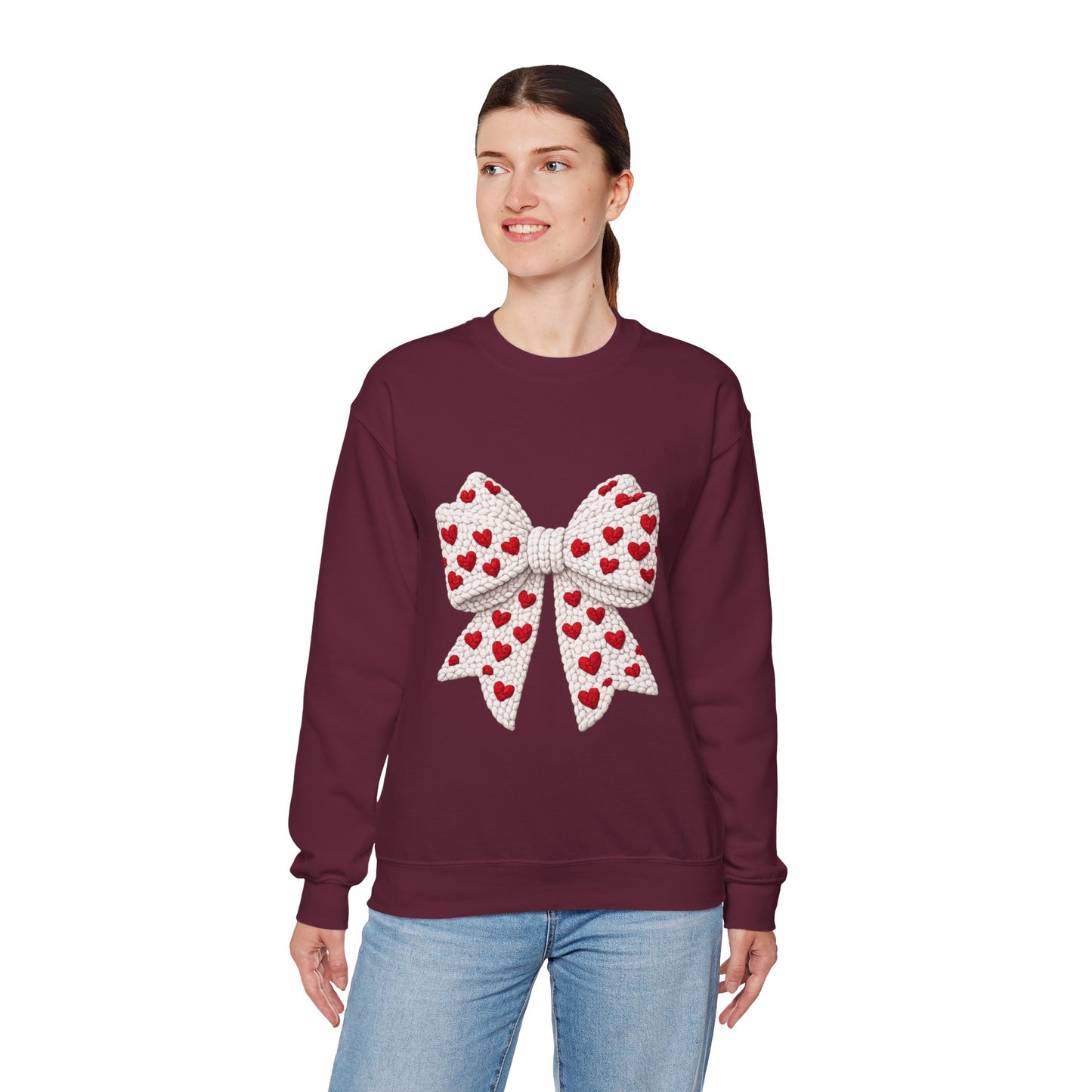 Crewneck Sweatshirt — Knit Heart Bow Graphic (Valentine’s Day, Cute Cozy Pullover)