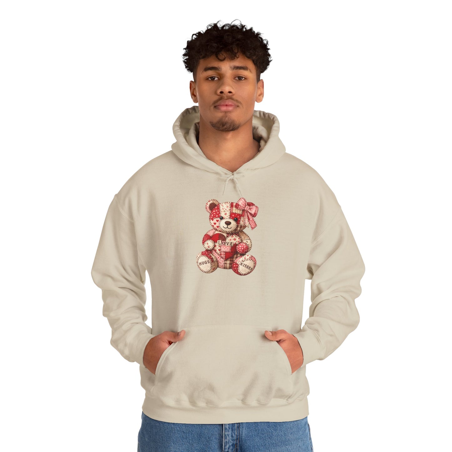 Teddy Bear Hoodie — Vintage Patchwork Bear Design with Bow